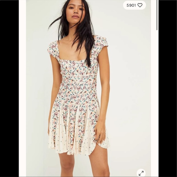 ⬇️NWT Free People Ponderosa Floral Print Cap Sleeve Square Neck Mini Dress - Picture 2 of 13